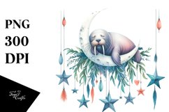 Vibrant Walrus Sleeping on Moon | Clipart Product Image 1