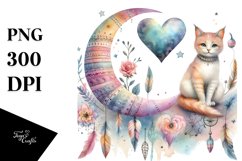 Boho Cat on Moon with Heart PNG Product Image 1