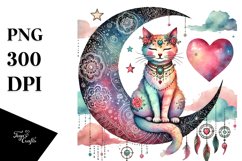 Boho Cat on Moon with Heart PNG Product Image 1