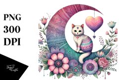 Boho Cat on Moon with Heart PNG Product Image 1