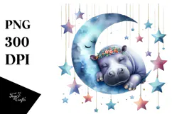 Watercolor Hippo Sleeping on the Moon PNG Product Image 1