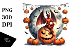 Watercolor Style Halloween Demon Sitting on Half Moon with Product Image 3