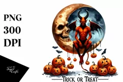 Watercolor Style Halloween Demon Sitting on Half Moon with Product Image 1