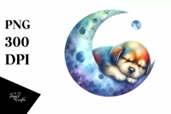 Colorful Watercolor Puppy Sleeping on the Moon Product Image 1