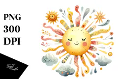 Whimsical Smiling Sun in Watercolor PNG Product Image 1