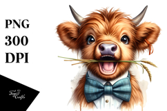 Enthusiastic Baby Highland Cow with Bow and Tie, Transparent Product Image 1