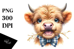 Enthusiastic Baby Highland Cow with Bow and Tie, Transparent Product Image 1