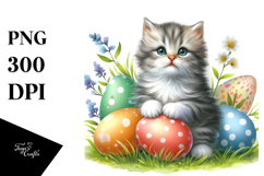Cat in Grass with Easter Eggs Watercolor PNG Product Image 1