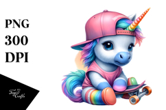 Baby Unicorn in Skateboarder&#039;s Gear, Watercolor PNG Product Image 1