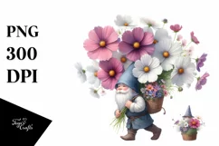 detailed Gnome with Cosmos Bouquet | Clipart Product Image 1