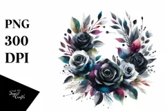 Vibrant Watercolor Wreath with Black Roses | Clipart Product Image 1