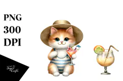 Watercolor Cat in Beachwear PNG Product Image 1