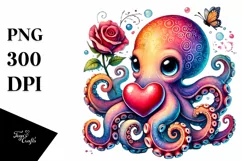 Baby Octopus Holding Heart PNG Product Image 1