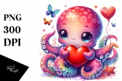 Baby Octopus Holding Heart PNG Product Image 1