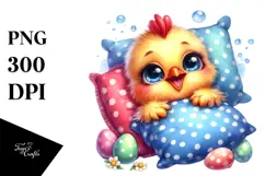 Smiling Baby Chicken Sleeping on Pillow PNG Product Image 1