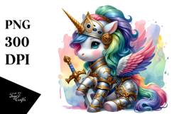 Baby Unicorn in Knight&#039;s Armor, Watercolor PNG Product Image 1