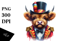 Baby Highland Cow in Ringmaster&#039;s Coat, Watercolor PNG Product Image 1