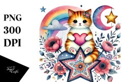 Boho Cat on Star with Heart PNG Product Image 1