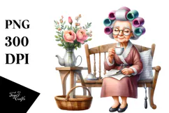 Old Lady Watercolor Bench Hair Curlers | Sublimation | Product Image 1