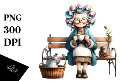 Old Lady Watercolor Bench Hair Curlers | Sublimation | Product Image 1