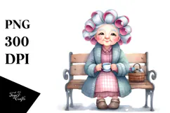 Old Lady Watercolor Bench Hair Curlers | Sublimation | Product Image 1