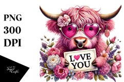 Pink Highland Cow with Love You Sign, PNG Product Image 1