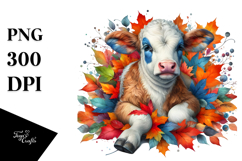 Colorful Cow with Autumn Leaves PNG Product Image 1