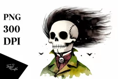 Washed Watercolor Style Halloween Skull with Hair, Pinocchio Product Image 3