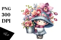 Baby Gnome with Orchid Floral Frame, PNG Product Image 1