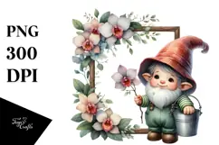 Baby Gnome with Orchid Floral Frame, PNG Product Image 1
