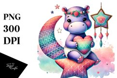 Boho Hippo Sitting on Star with Heart PNG Product Image 1