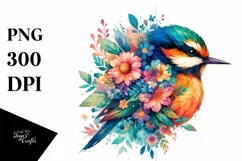Retro Watercolor Vibrant Bird Half Flowers Clipart Product Image 3