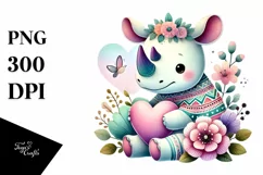 Boho Rhino Sitting on Flower with Heart PNG Product Image 1