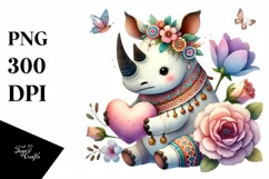 Boho Rhino Sitting on Flower with Heart PNG Product Image 1