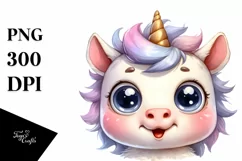 Simple Funny Baby Face Expressive Unicorn Watercolor PNG Product Image 1