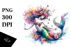 Vibrant Mermaid Dancing with Floral Wreath, Watercolor PNG Product Image 1