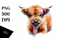 Colorful Highland Cow with Abstract Background PNG Product Image 1