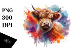 Colorful Highland Cow with Abstract Background PNG Product Image 1