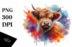 Colorful Highland Cow with Abstract Background PNG Product Image 3