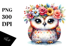 Cute Owl Flower Crown Watercolor | Clipart Product Image 1