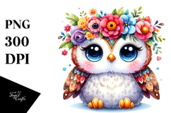 Cute Owl Flower Crown Watercolor | Clipart Product Image 1