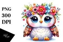 Cute Owl Flower Crown Watercolor | Clipart Product Image 1