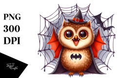 Funny Watercolor Owl with Halloween Fangs Clipart Product Image 1