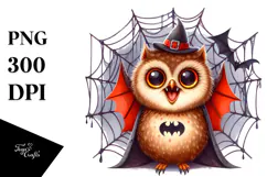 Funny Watercolor Owl with Halloween Fangs Clipart Product Image 1