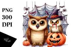 Funny Watercolor Owl with Halloween Fangs Clipart Product Image 1
