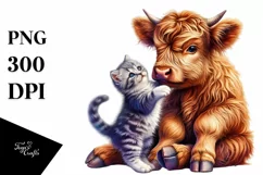Colorful Highland Cow with Kitten PNG Product Image 1