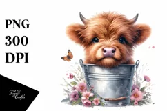 Cute Highland Cow in Flowers PNG Product Image 1