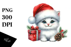 Watercolor Cat with Santa Hat, PNG Product Image 1