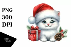 Watercolor Cat with Santa Hat, PNG Product Image 1