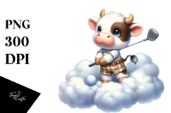 Pastel Cute Baby Cow Playing Golf | Watercolor Product Image 1